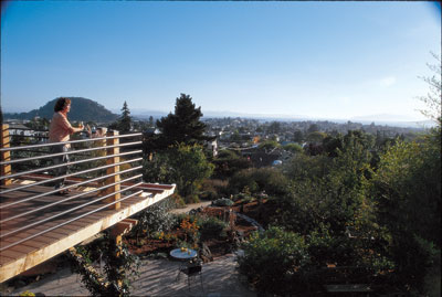 Kelly Lerner relaxes and takes in the view of San Francisco Bay from her new deck. The deck’s posts, beams, and joists are made from a cypress tree that was milled by an urban tree recycling company. Kelly used Epoch Evergrain decking, a plastic and wood-fiber composite, and designed a railing of copper plumbing pipe that can be reused or recycled if the structure is ever taken apart.